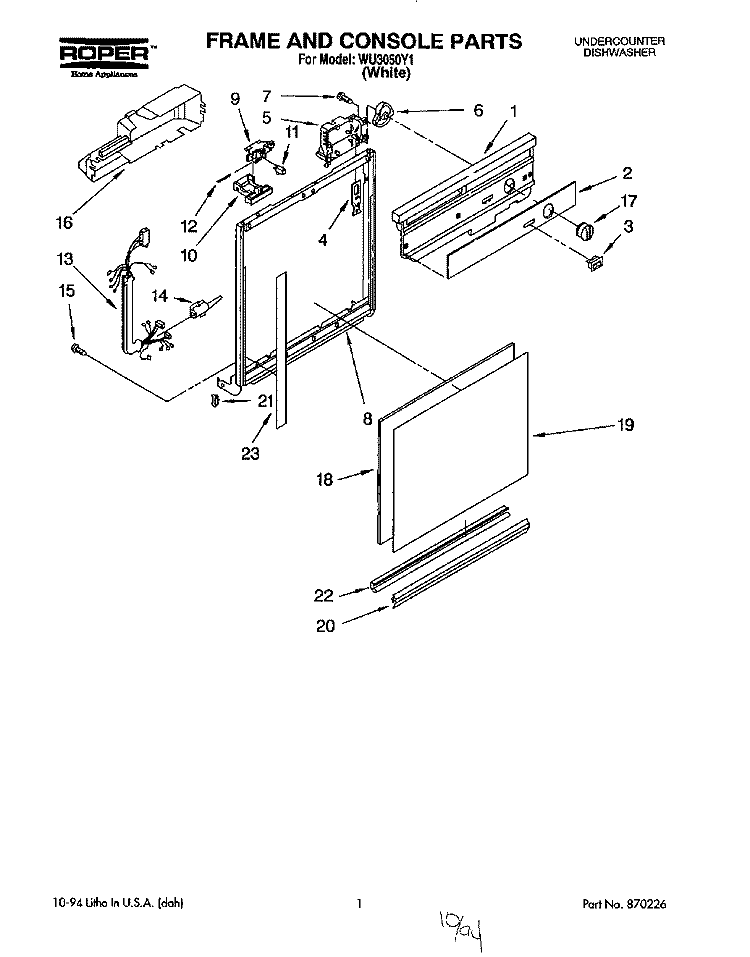 FRAME AND CONSOLE Diagram and Parts List for WU3050Y1  Roper Dishwasher