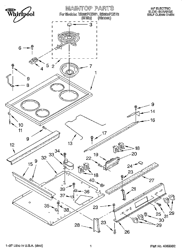 MAINTOP Diagram and Parts List for RS385PCBW1  Whirlpool Range