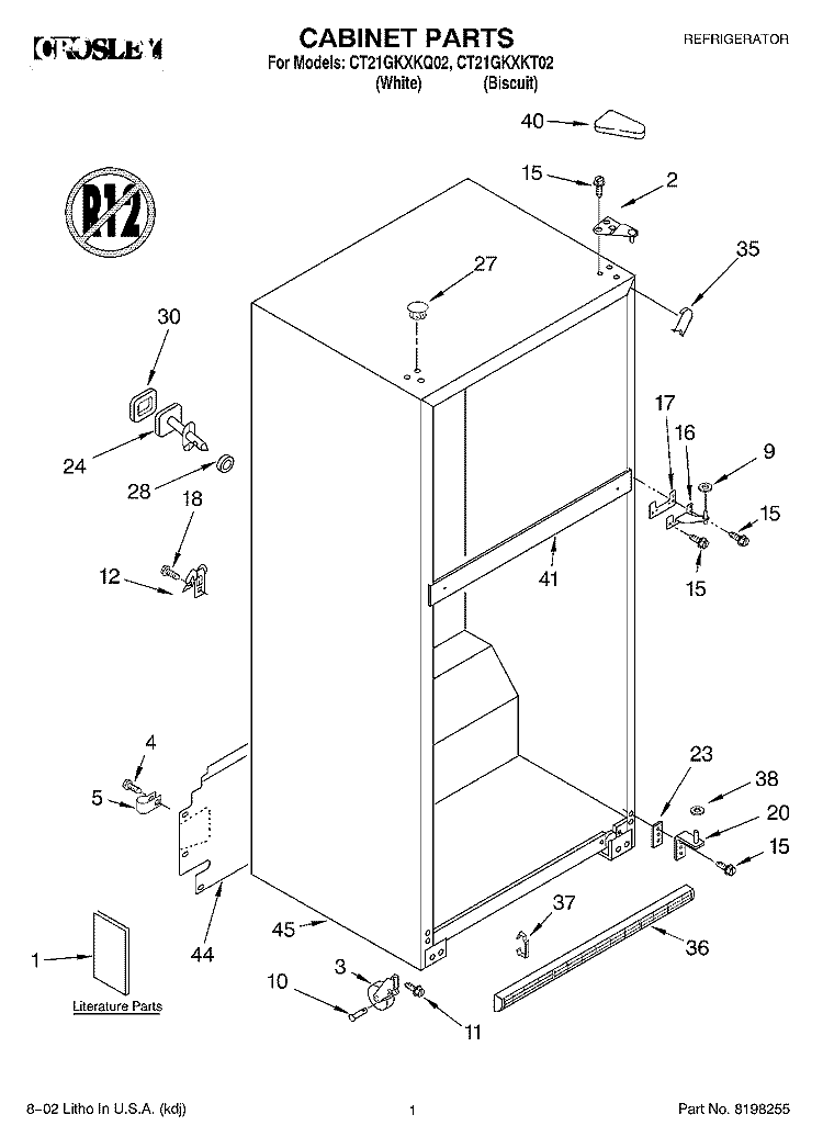 CABINET, LITERATURE Diagram and Parts List for CT21GKXKT02  Crosley Refrigerator