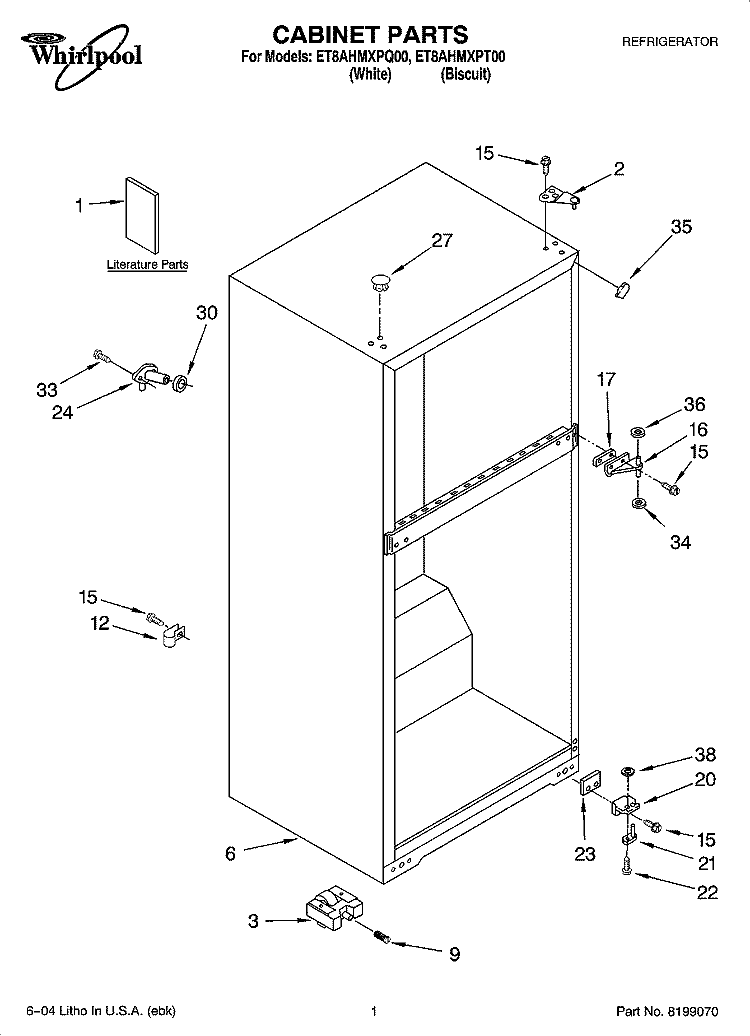 CABINET PARTS Diagram and Parts List for ET8AHMXPQ00  Whirlpool Refrigerator