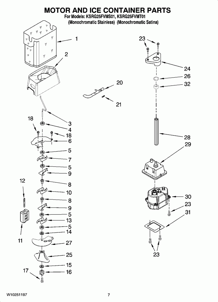 MOTOR AND ICE CONTAINER PARTS Diagram and Parts List for KSRG25FVMS01  KitchenAid Refrigerator