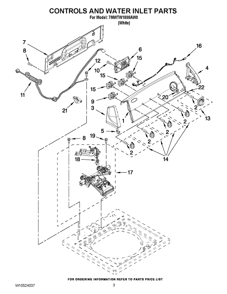 CONTROLS AND WATER INLET PARTS Diagram and Parts List for 7MWTW1808AW0  Whirlpool Washer