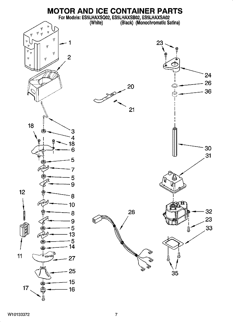 MOTOR AND ICE CONTAINER PARTS Diagram and Parts List for ES5LHAXSA02  Whirlpool Refrigerator