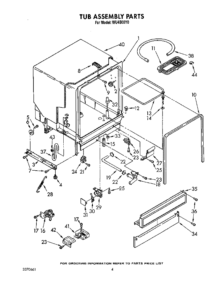 TUB, LIT/OPTIONAL Diagram and Parts List for WU4500Y0  Roper Dishwasher