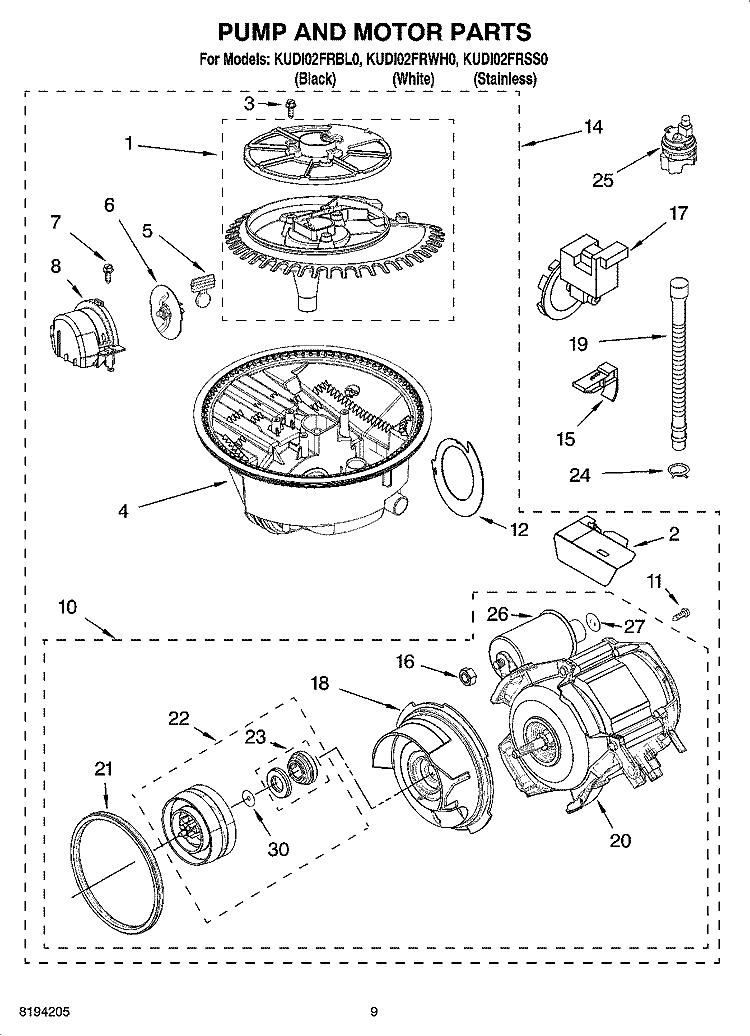 PUMP AND MOTOR PARTS Diagram and Parts List for KUDI02FRSS0  KitchenAid Dishwasher
