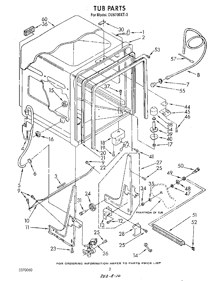 TUB , LITERATURE AND OPTIONAL Diagram and Parts List for DU8700XT3  Whirlpool Dishwasher