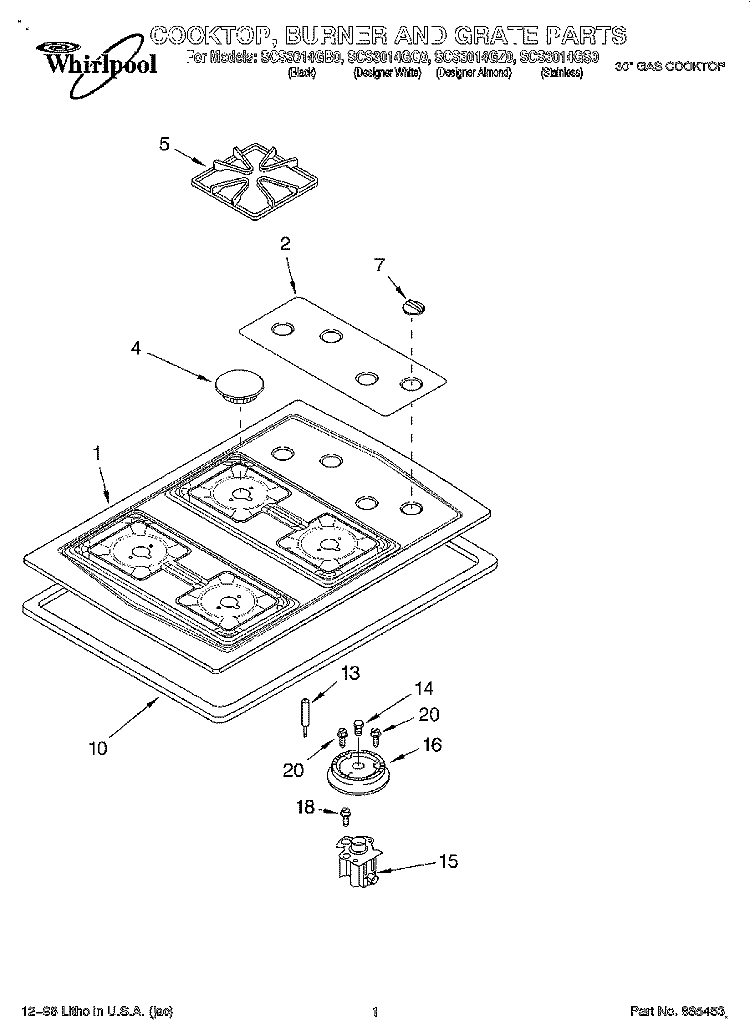 COOKTOP, BURNER AND GRATE Diagram and Parts List for SCS3014GB0  Whirlpool Cooktop