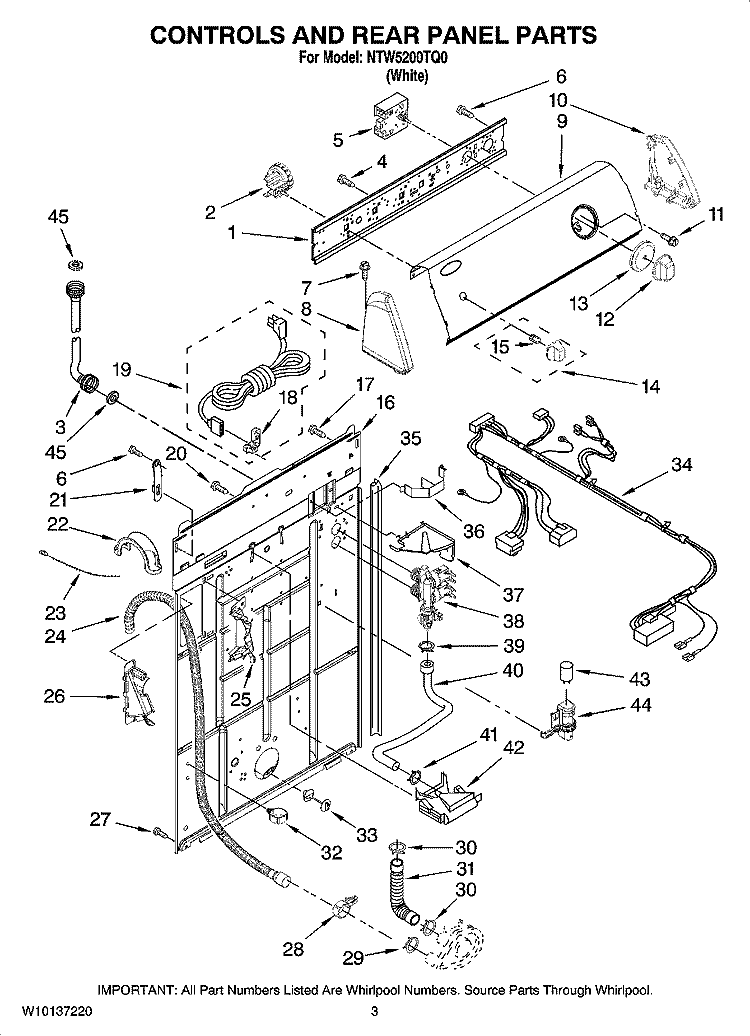 CONTROLS AND REAR PANEL PARTS Diagram and Parts List for NTW5200TQ0  Whirlpool Washer