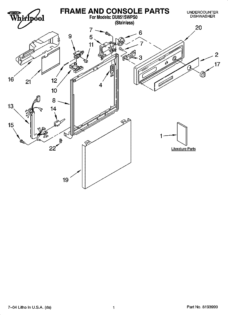 FRAME AND CONSOLE PARTS Diagram and Parts List for DU851SWPS0  Whirlpool Dishwasher