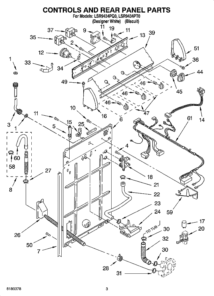 CONTROLS AND REAR PANEL PARTS Diagram and Parts List for LSR9434PQ0  Whirlpool Washer