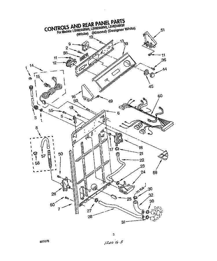 CONTROLS AND REAR PANEL Diagram and Parts List for LSV8244BN0  Whirlpool Washer