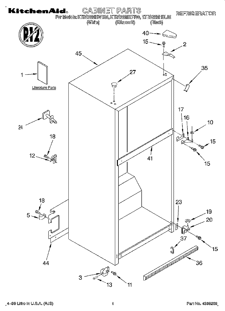 CABINET, LITERATURE Diagram and Parts List for KTRS22MHBT00  KitchenAid Refrigerator