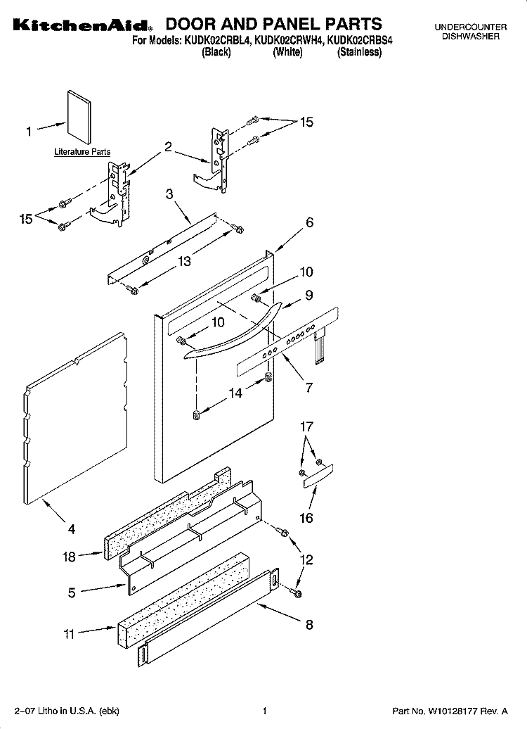 DOOR AND PANEL PARTS Diagram and Parts List for KUDK02CRBL4  KitchenAid Dishwasher