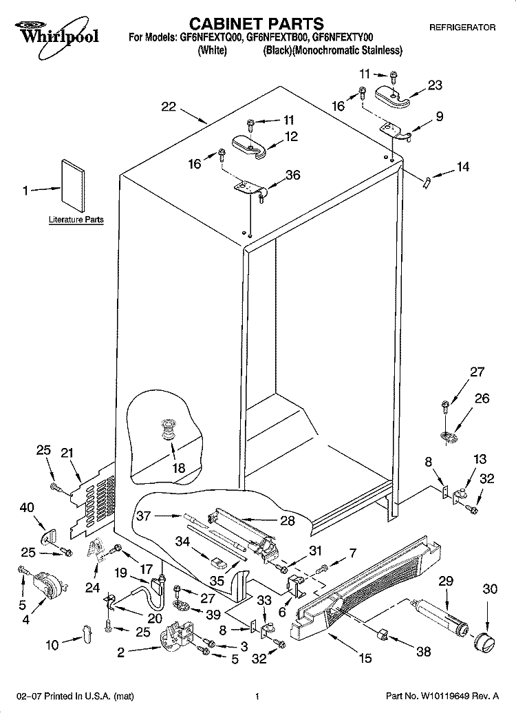 CABINET PARTS Diagram and Parts List for GF6NFEXTB00  Whirlpool Refrigerator
