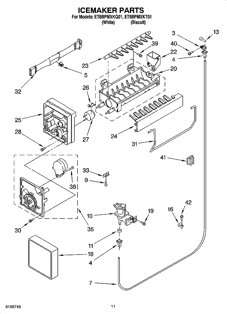 ICEMAKER PARTS, OPTIONAL PARTS Diagram and Parts List for ET8BPMXKQ01  Whirlpool Refrigerator