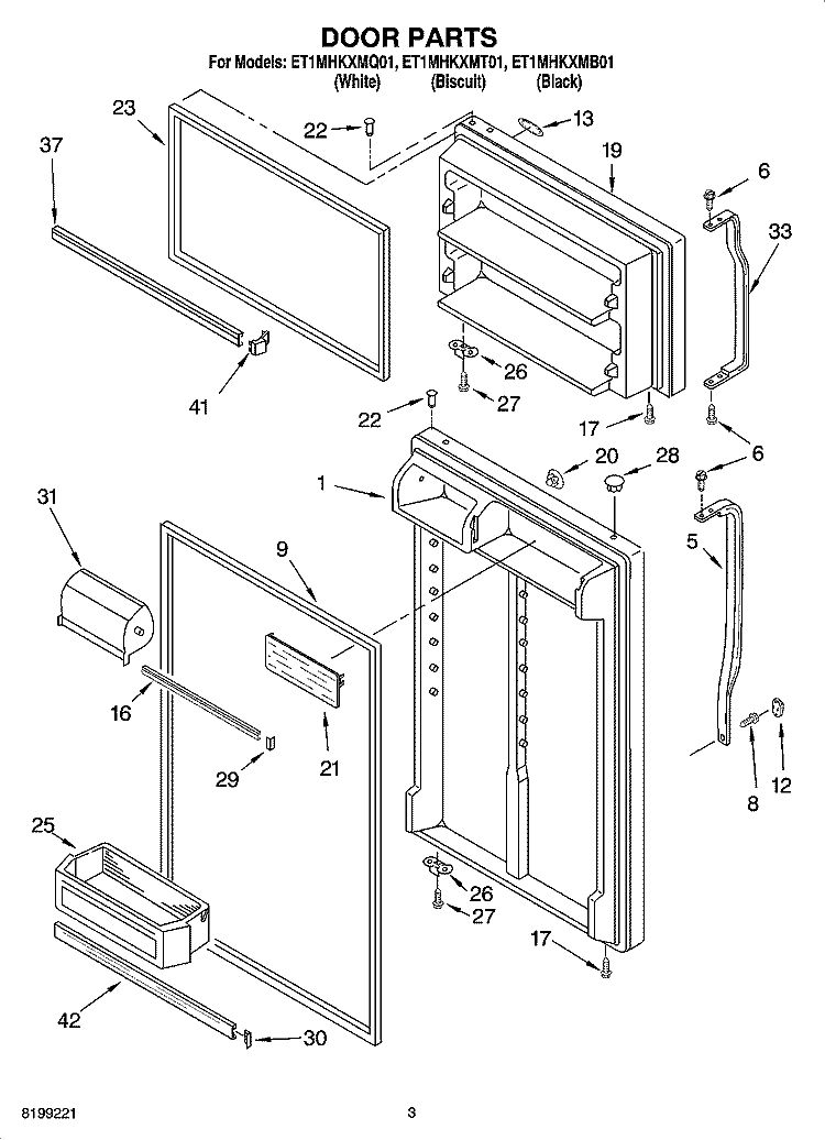 DOOR PARTS Diagram and Parts List for ET1MHKXMQ01  Whirlpool Refrigerator