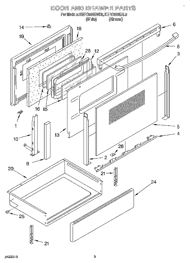 DOOR AND DRAWER Diagram and Parts List for KERC600EWH5  KitchenAid Range