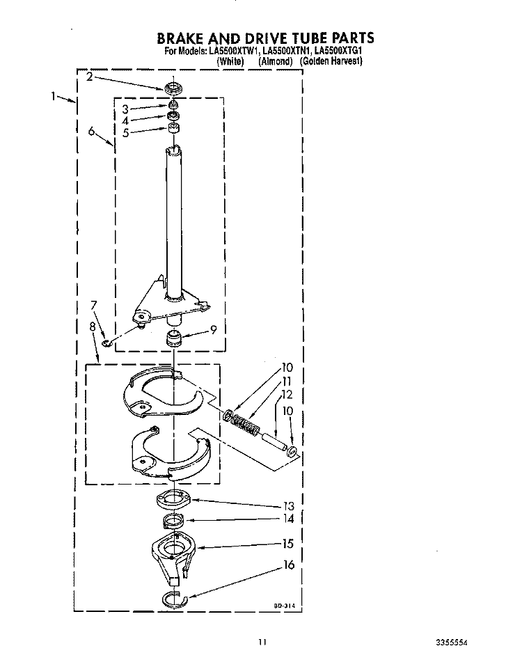 BRAKE AND DRIVE TUBE Diagram and Parts List for LA5500XTG1  Whirlpool Washer