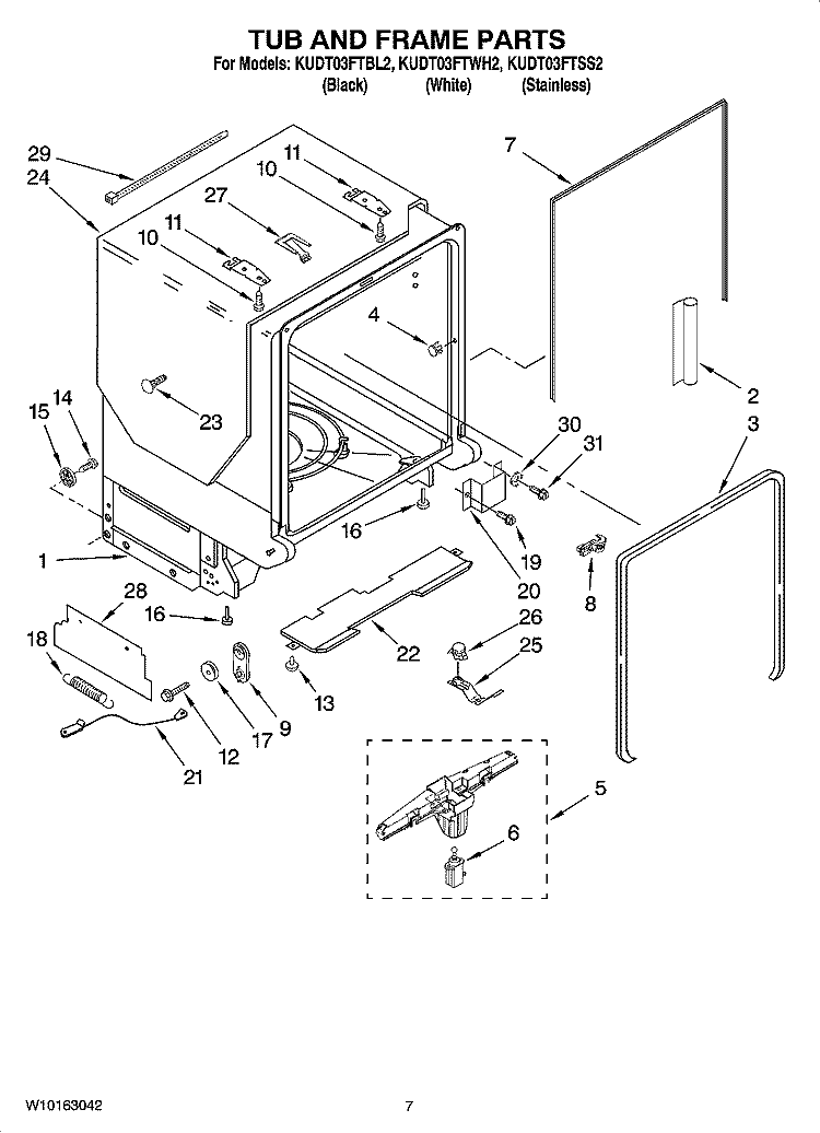 TUB AND FRAME PARTS Diagram and Parts List for KUDT03FTBL2  KitchenAid Dishwasher