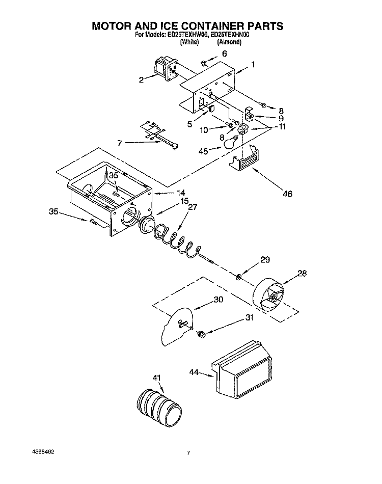 MOTOR AND ICE CONTAINER Diagram and Parts List for ED25TEXHW00  Whirlpool Refrigerator