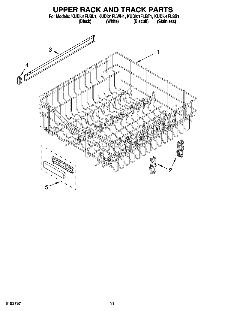 UPPER RACK AND TRACK PARTS Diagram and Parts List for KUDI01FLSS1  KitchenAid Dishwasher
