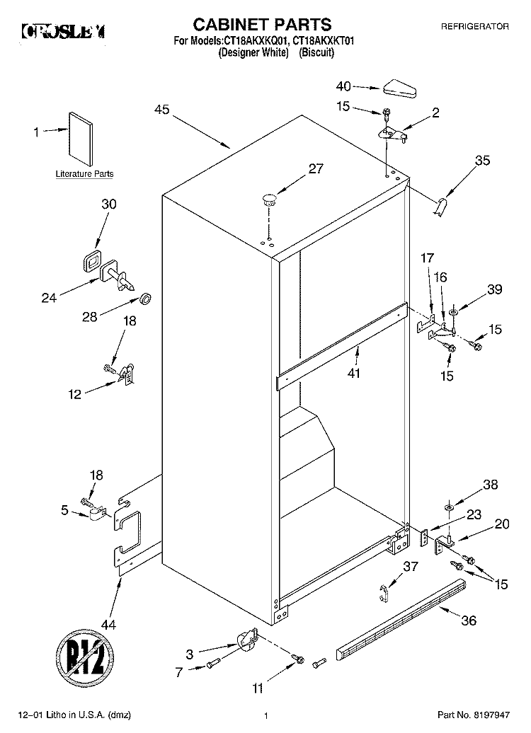 CABINET, LITERATURE Diagram and Parts List for CT18AKXKQ01  Crosley Refrigerator