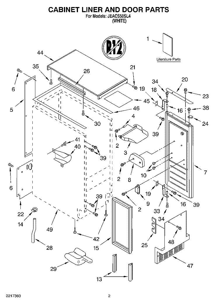 CABINET LINER AND DOOR PARTS Diagram and Parts List for JEACS50SL4  Whirlpool Ice Maker