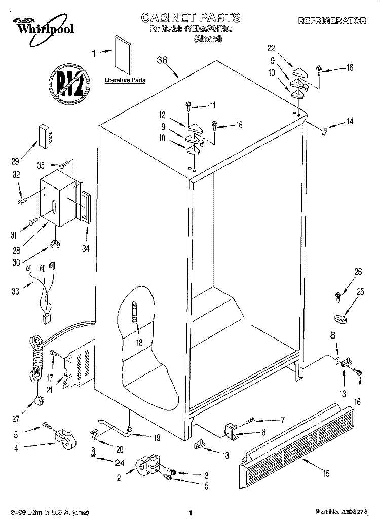 CABINET, LITERATURE Diagram and Parts List for 4YED25PQFN00  Whirlpool Refrigerator