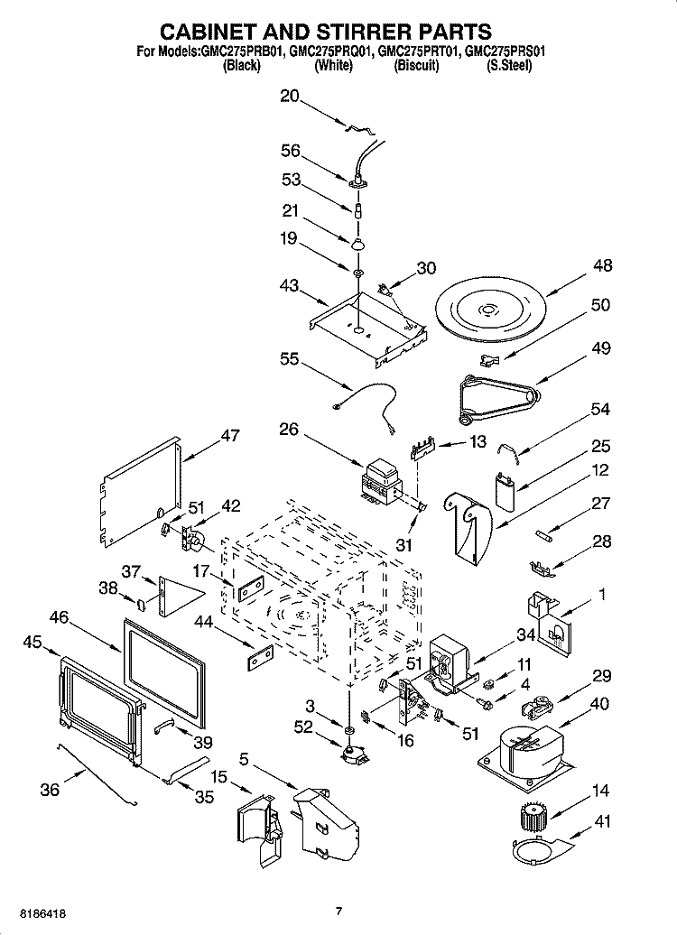 CABINET AND STIRRER PARTS Diagram and Parts List for GMC275PRQ01  Whirlpool Microwave Oven Combo