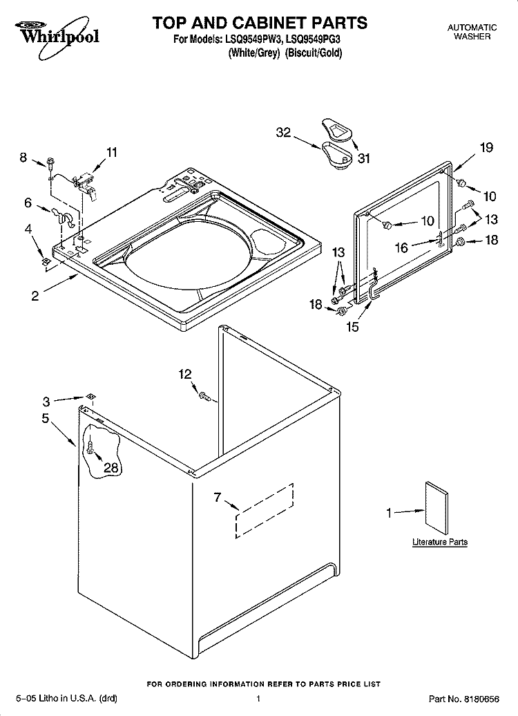 TOP AND CABINET PARTS Diagram and Parts List for LSQ9549PW3  Whirlpool Washer