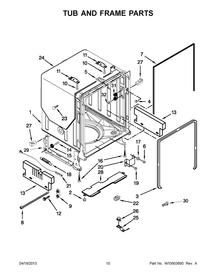 TUB AND FRAME PARTS Diagram and Parts List for KDFE454CSS0  KitchenAid Dishwasher
