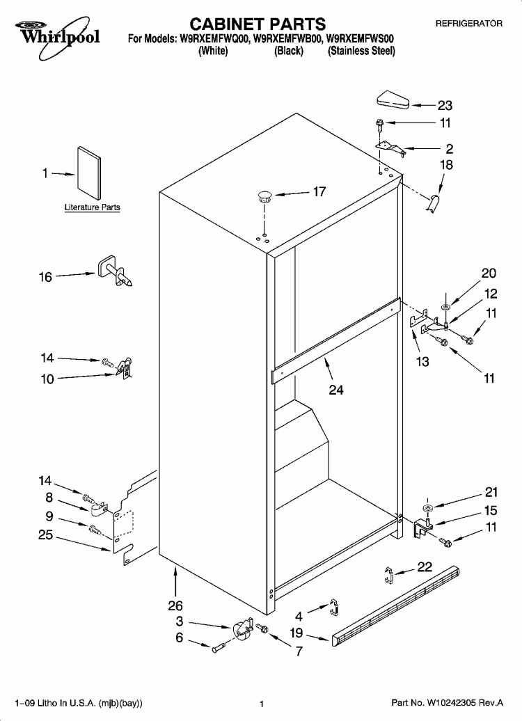 CABINET PARTS Diagram and Parts List for W9RXEMFWS00  Whirlpool Refrigerator