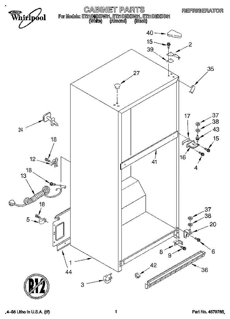 CABINET Diagram and Parts List for ET21DMXDW01  Whirlpool Refrigerator