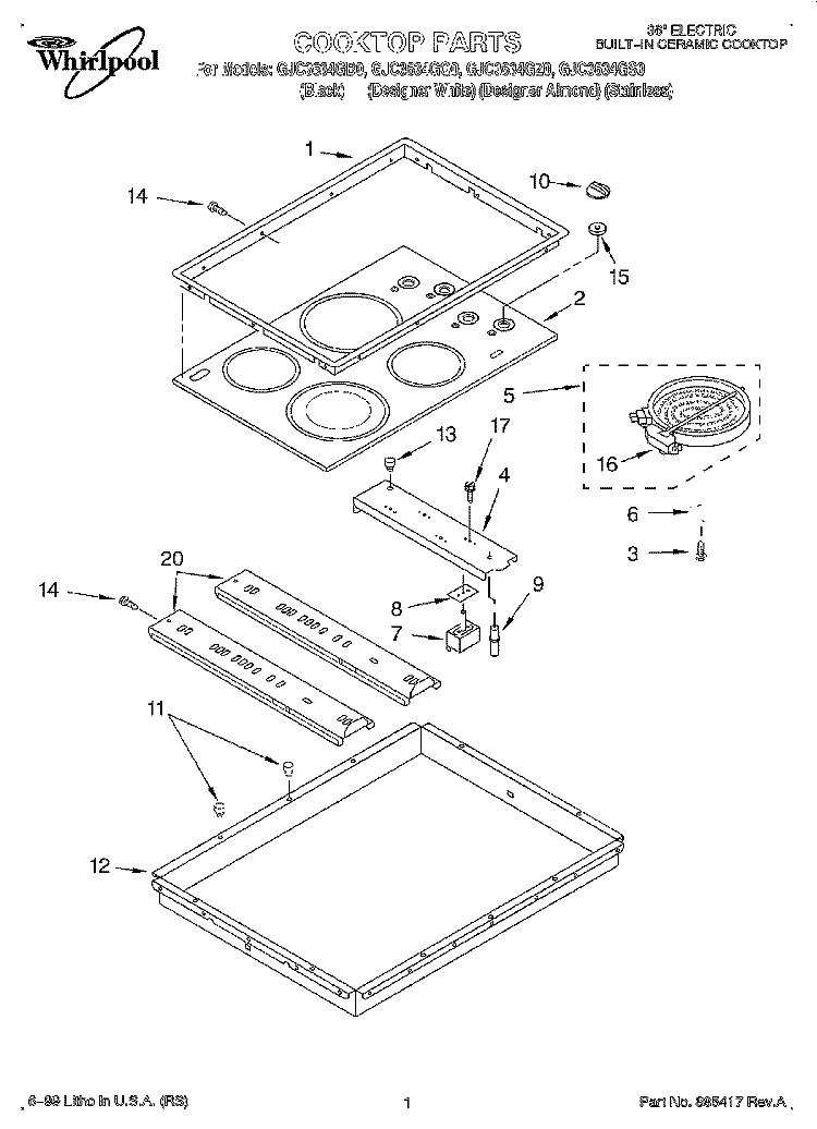 SECTION Diagram and Parts List for GJC3634GZ0  Whirlpool Cooktop