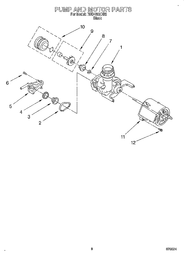 PUMP AND MOTOR Diagram and Parts List for RUD4500DB2  Roper Dishwasher