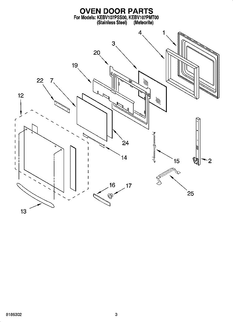 OVEN DOOR PARTS Diagram and Parts List for KEBV107PMT00  KitchenAid Wall Oven