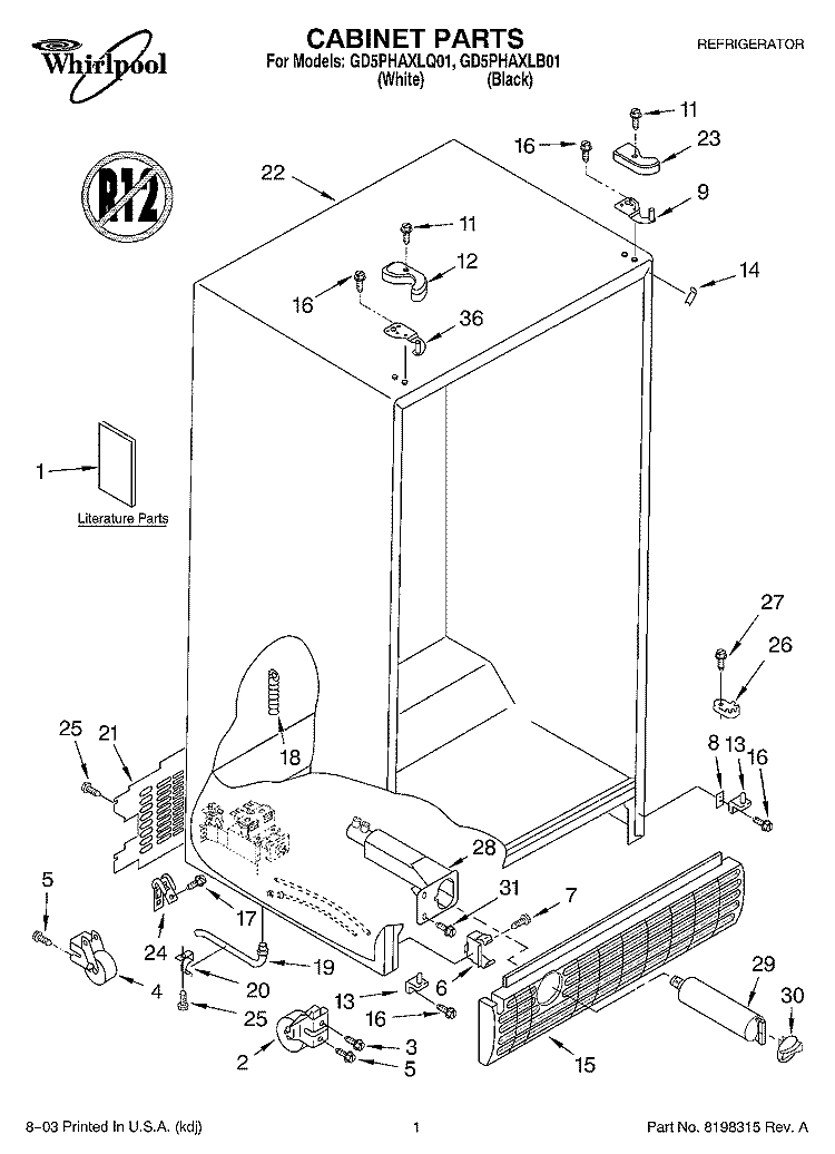 CABINET PARTS Diagram and Parts List for GD5PHAXLQ01  Whirlpool Refrigerator