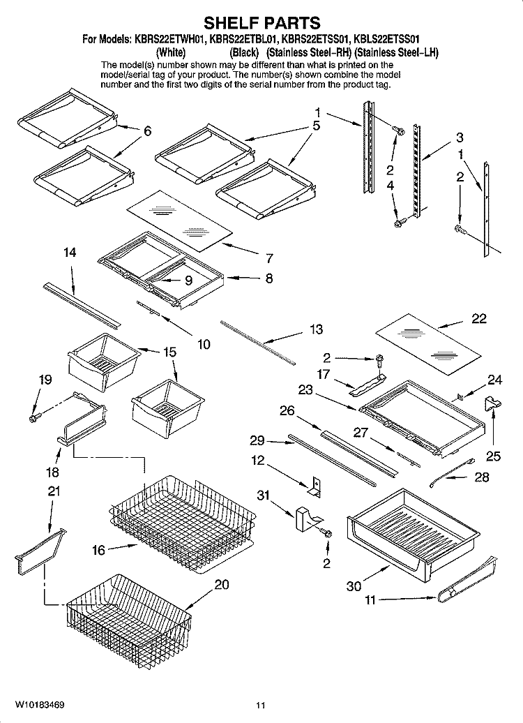 SHELF PARTS Diagram and Parts List for KBLS22ETSS01  KitchenAid Refrigerator