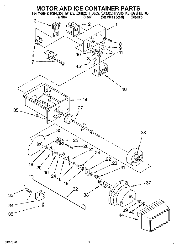 MOTOR AND ICE CONTAINER Diagram and Parts List for KSRB25FHBT05  KitchenAid Refrigerator