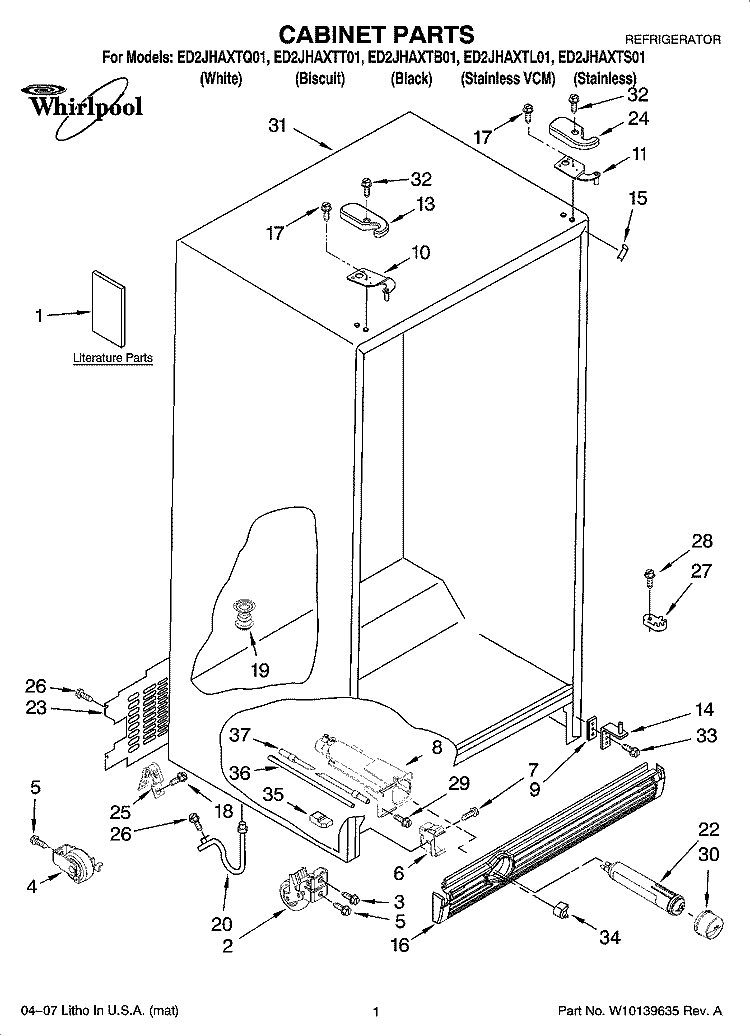 CABINET PARTS Diagram and Parts List for ED2JHAXTL01  Whirlpool Refrigerator