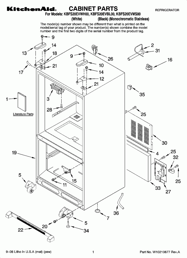 CABINET PARTS Diagram and Parts List for KBFS20EVWH00  KitchenAid Refrigerator