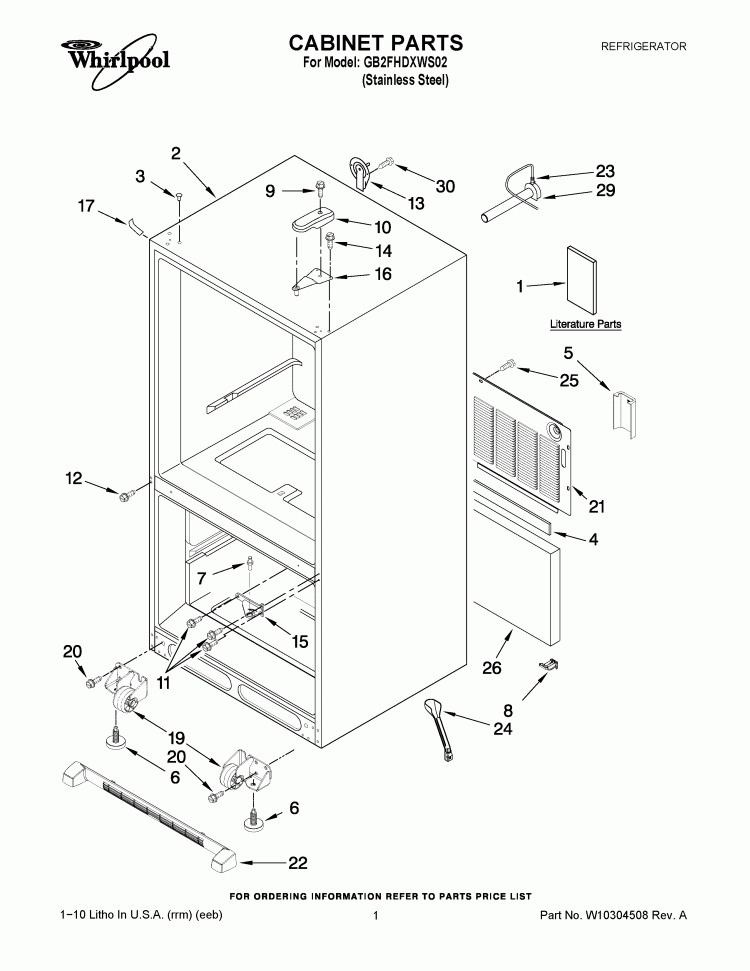 CABINET PARTS Diagram and Parts List for GB2FHDXWS02  Whirlpool Refrigerator