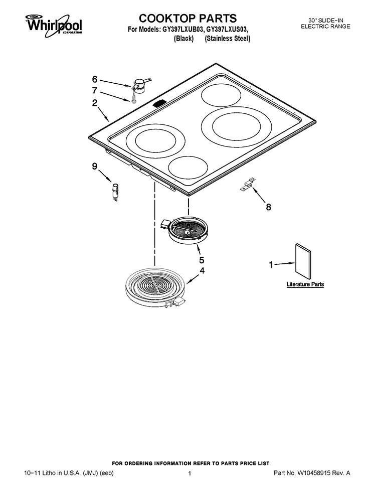 COOKTOP PARTS Diagram and Parts List for GY397LXUB03  Whirlpool Range