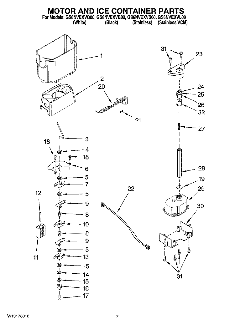 MOTOR AND ICE CONTAINER PARTS Diagram and Parts List for GS6NVEXVB00  Whirlpool Refrigerator