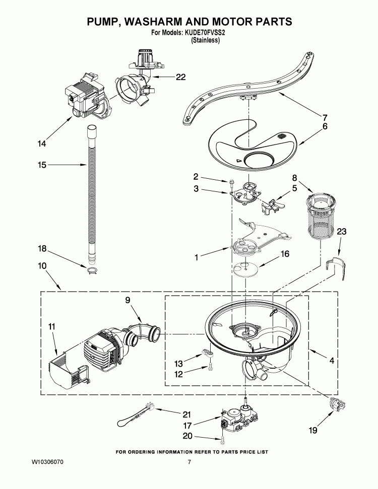 PUMP, WASHARM AND MOTOR PARTS Diagram and Parts List for KUDE70FVSS2  KitchenAid Dishwasher