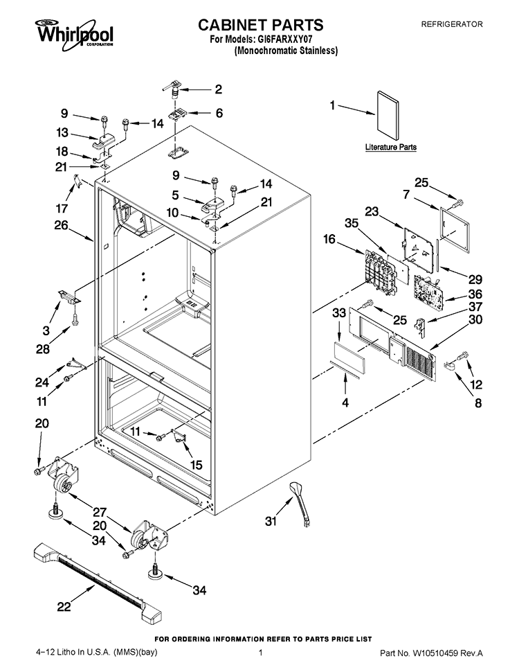 CABINET PARTS Diagram and Parts List for GI6FARXXY07  Whirlpool Refrigerator
