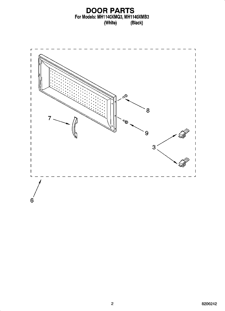 DOOR PARTS Diagram and Parts List for MH1140XMB3  Whirlpool Microwave