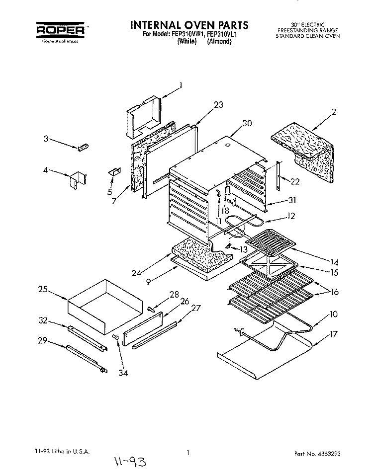 INTERNAL OVEN Diagram and Parts List for FEP310VL1  Roper Range