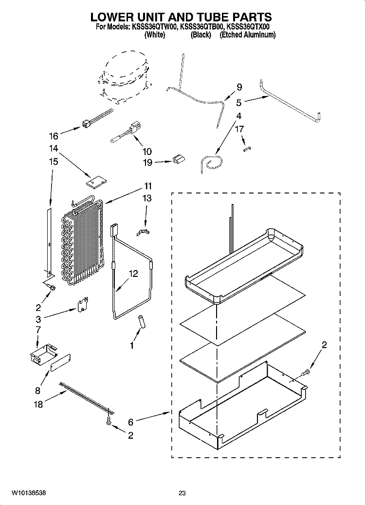 LOWER UNIT AND TUBE PARTS Diagram and Parts List for KSSS36QTB00  KitchenAid Refrigerator