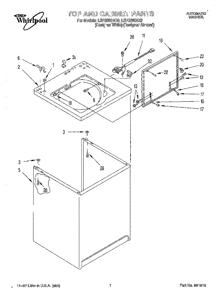 TOP AND CABINET Diagram and Parts List for LSR8200EZ0  Whirlpool Washer